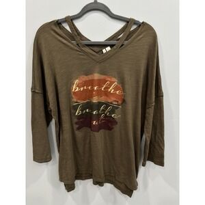 Live Well Active Breathe Graphic Top L Criss-Cross V Neck Long Sleeve Raglan